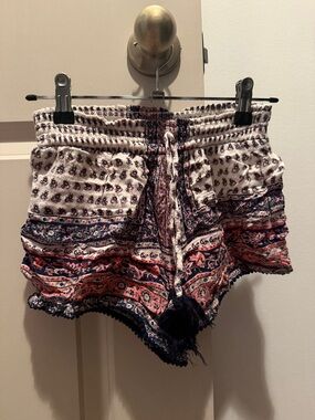 Japna Cream, Navy and Coral Boho-Print Drawstring Shorts
